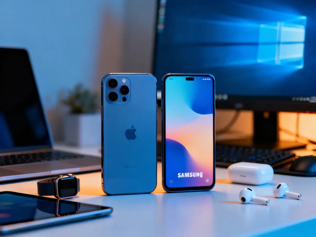 iPhone i Samsung Galaxy leżące obok siebie w otoczeniu urządzeń różnych ekosystemów