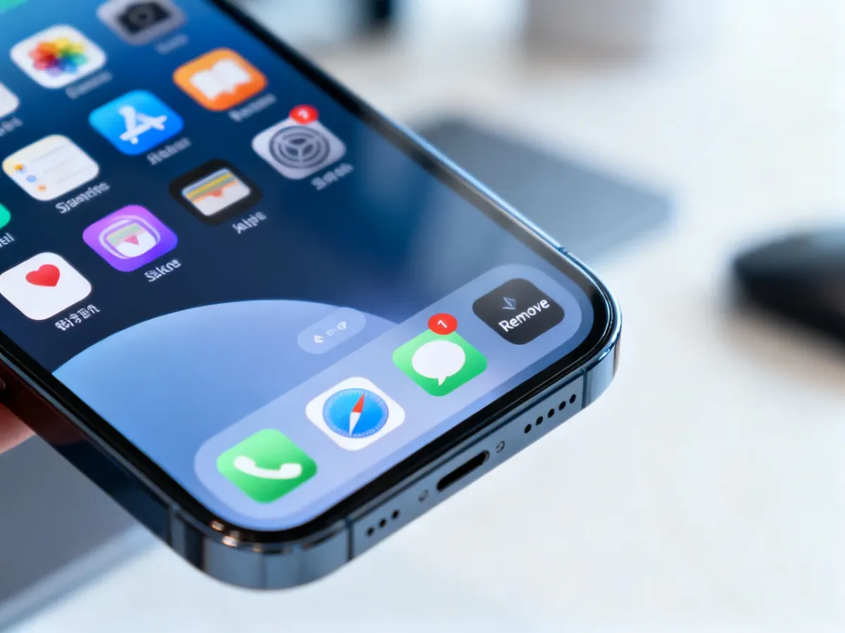 Ekran iPhone'a z siatką ikon aplikacji, na której jedna z nich jest zaznaczona do usunięcia.