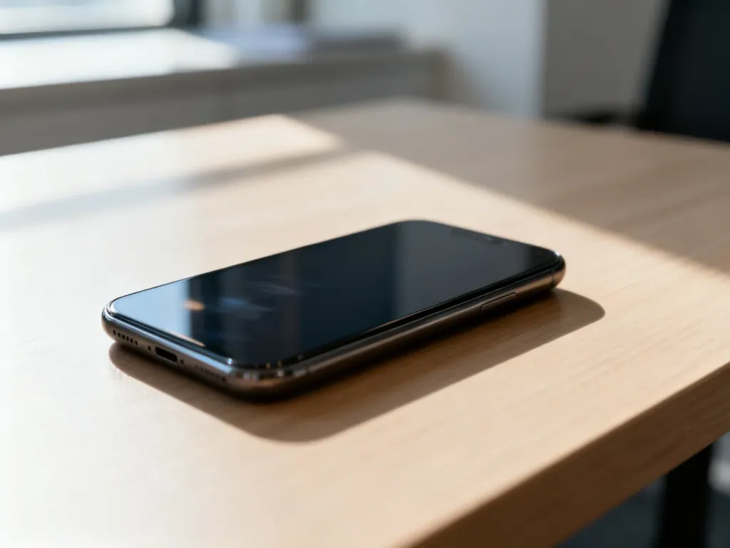 Nowoczesny smartfon na drewnianym biurku, ukazujący detale obudowy i ekranu pomocne przy ocenie stanu używanego urządzenia.
