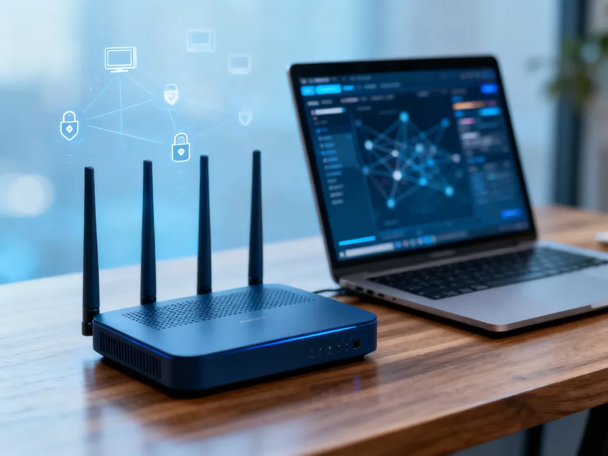 Router domowy obok laptopa z abstrakcyjnym widokiem monitorowania sieci
