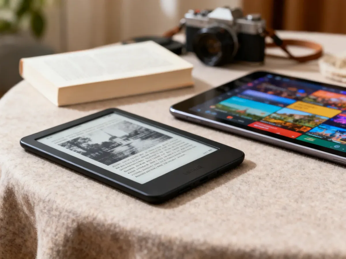 Czytnik e-booków i tablet zestawione obok siebie na stole