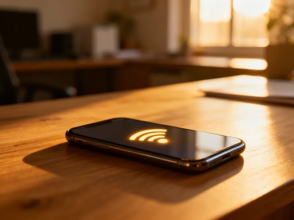 Nowoczesny smartfon z ikoną Wi-Fi na ekranie, leżący na drewnianym biurku w przytulnym domowym biurze.