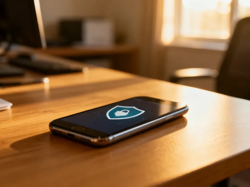 Smartfon z ikoną tarczy zabezpieczającej na ekranie, leżący na biurku w domowym biurze.