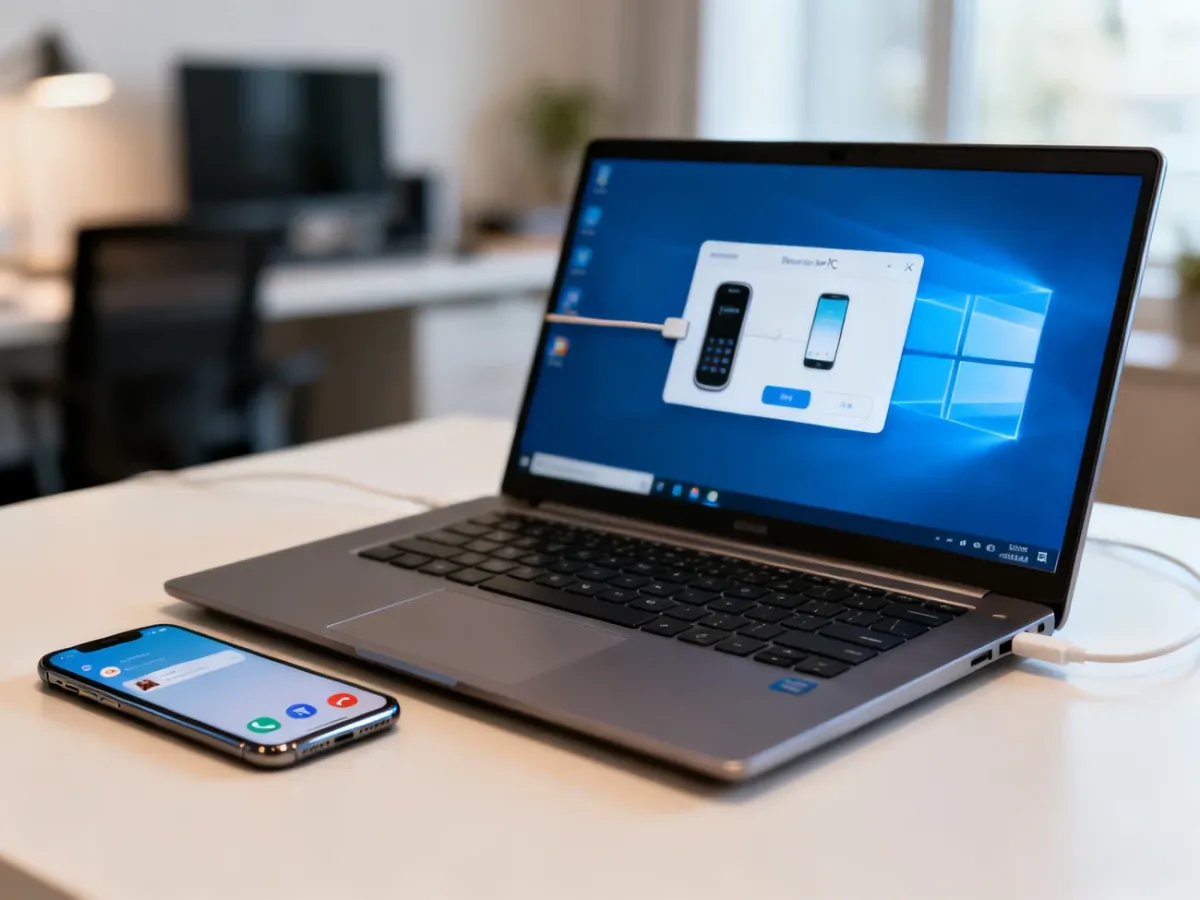 Smartfon połączony z komputerem Windows w domowym biurze