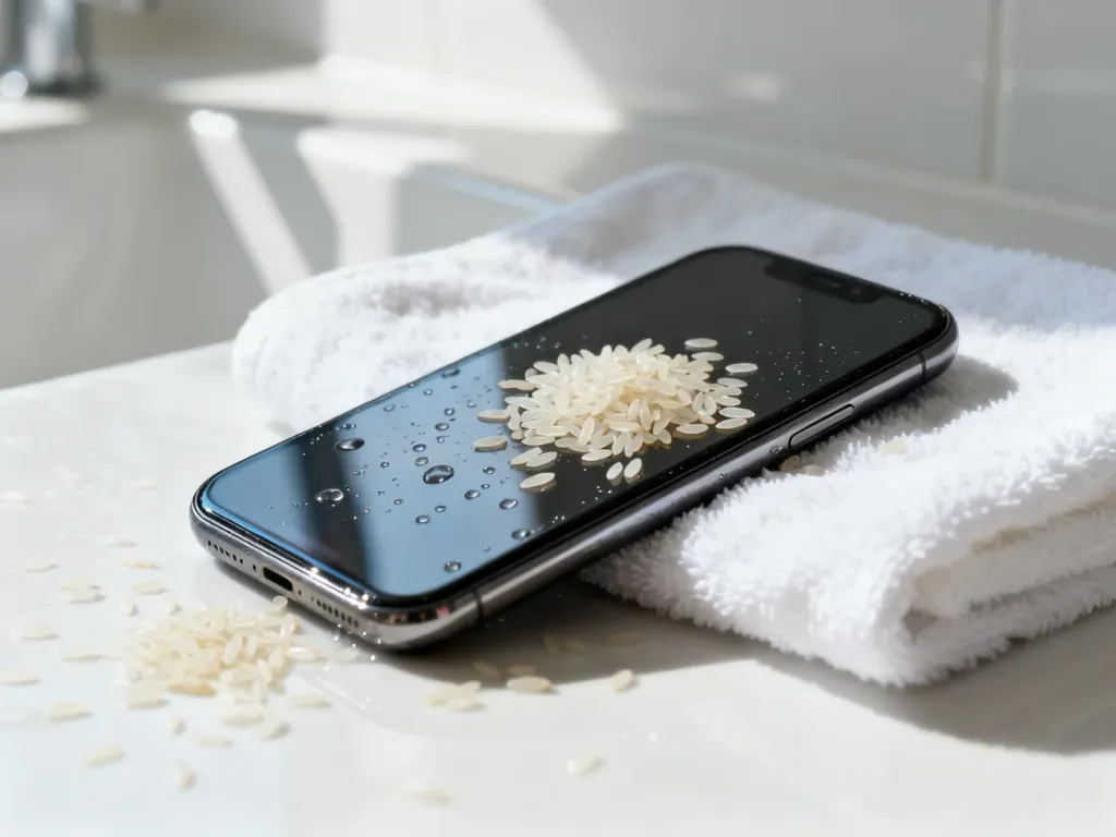 Smartfon leżący na ręczniku w ryżu, co ilustruje domowy sposób na osuszenie zalanego urządzenia.