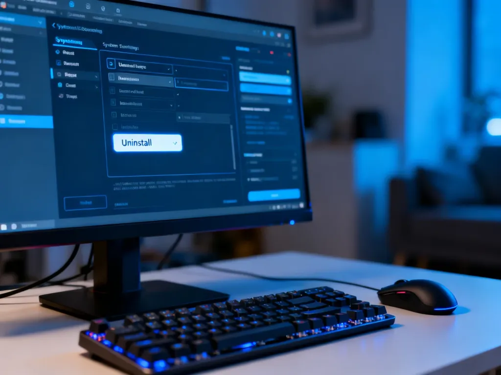Monitor wyświetlający menu ustawień systemowych z wyróżnionym przyciskiem odinstalowywania programu na biurku.