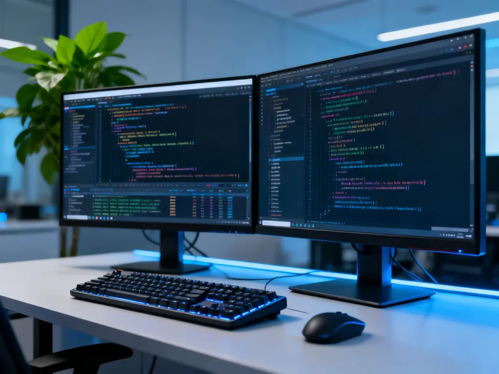 Nowoczesne stanowisko pracy programisty z dwoma monitorami wyświetlającymi kod i terminal, idealne do pracy z systemem Linux.