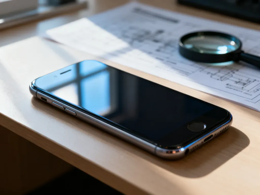 Nowoczesny smartfon na drewnianym biurku obok lupy, symbolizujący proces sprawdzania daty produkcji urządzenia.