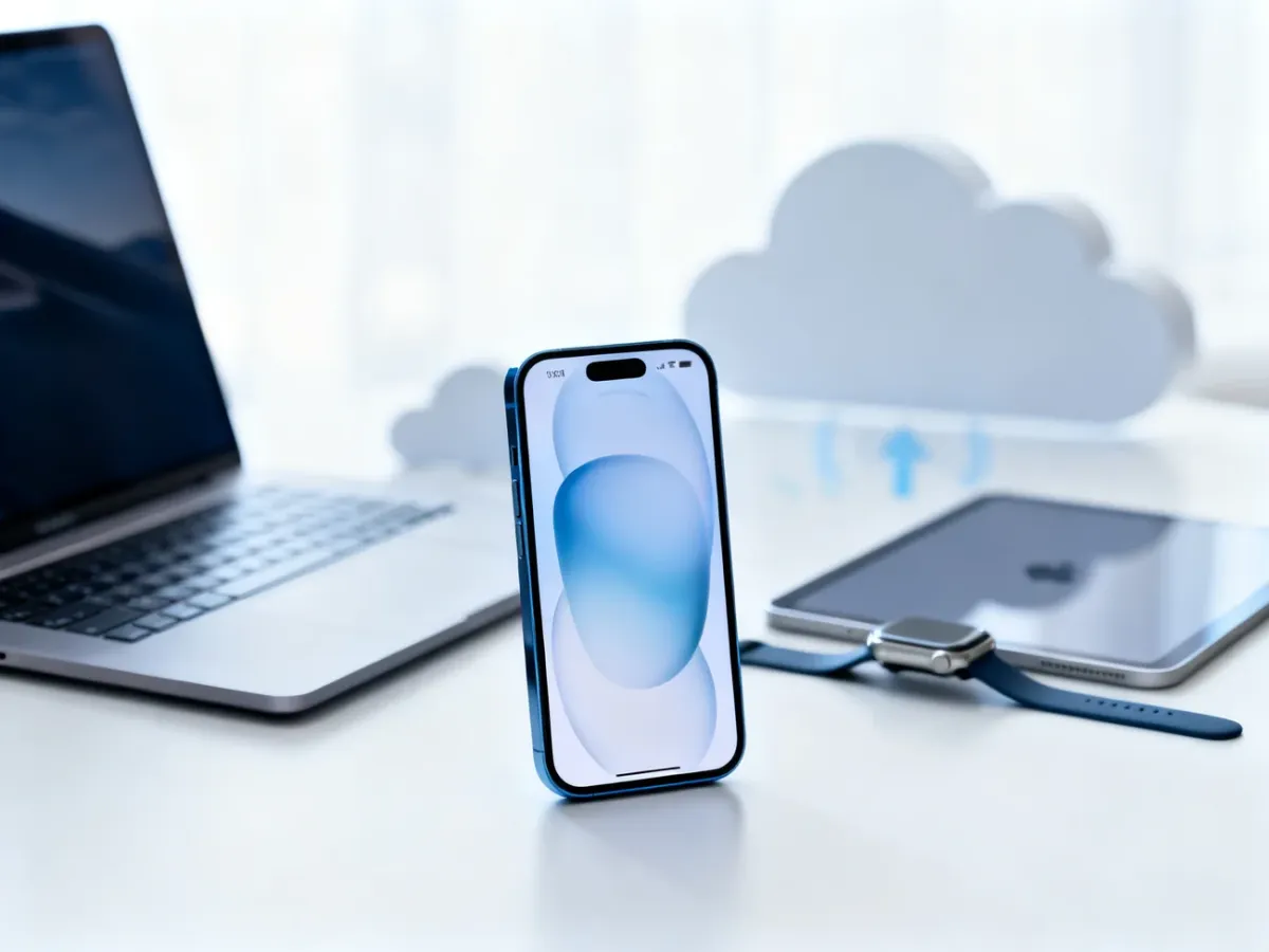 iPhone otoczony urządzeniami Apple tworzącymi spójny ekosystem