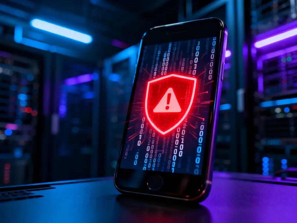 Nowoczesny smartfon z czerwoną ikoną ostrzegawczą i kodem binarnym, symbolizujący zagrożenie bezpieczeństwa cyfrowego.