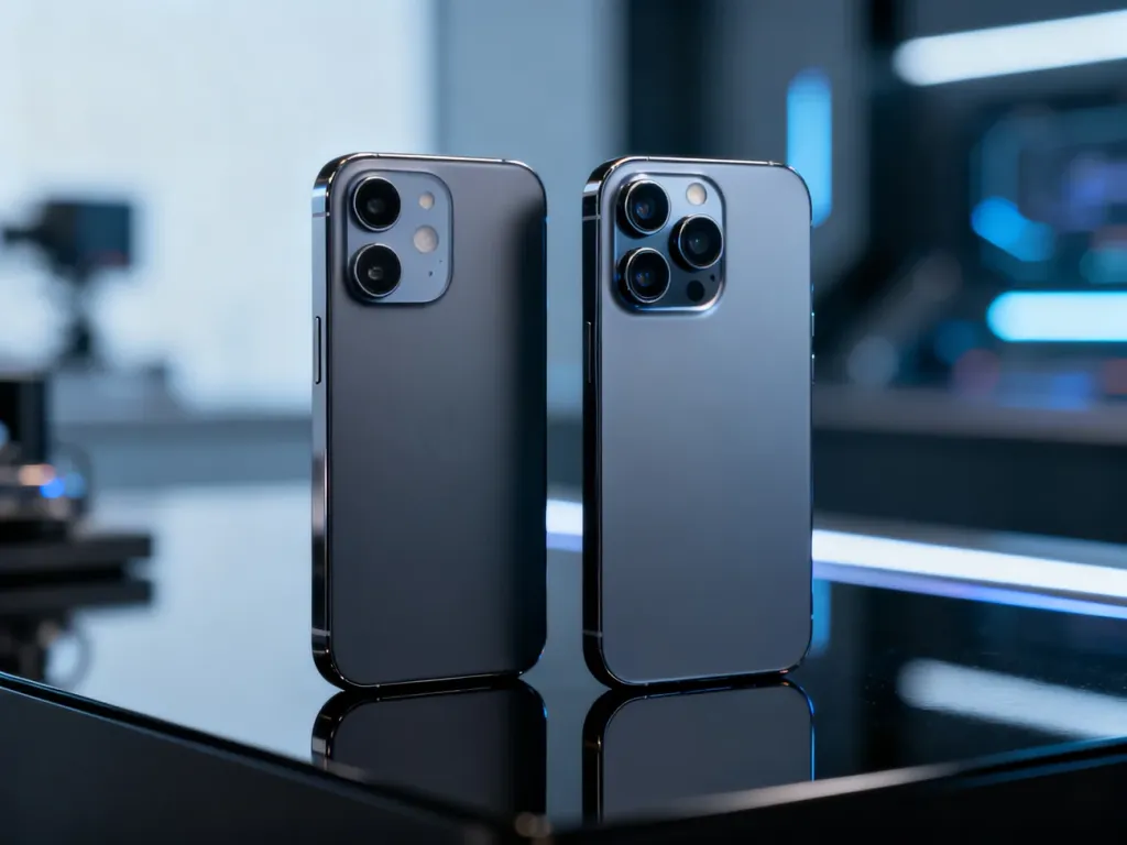 Dwa smartfony iPhone 17 i 17 Pro zestawione obok siebie, ukazujące różnice w układzie aparatów na ciemnym tle.