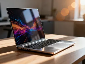 Nowoczesny router na biurku z widocznym w tle wykresem testu prędkości łącza internetowego na ekranie laptopa.