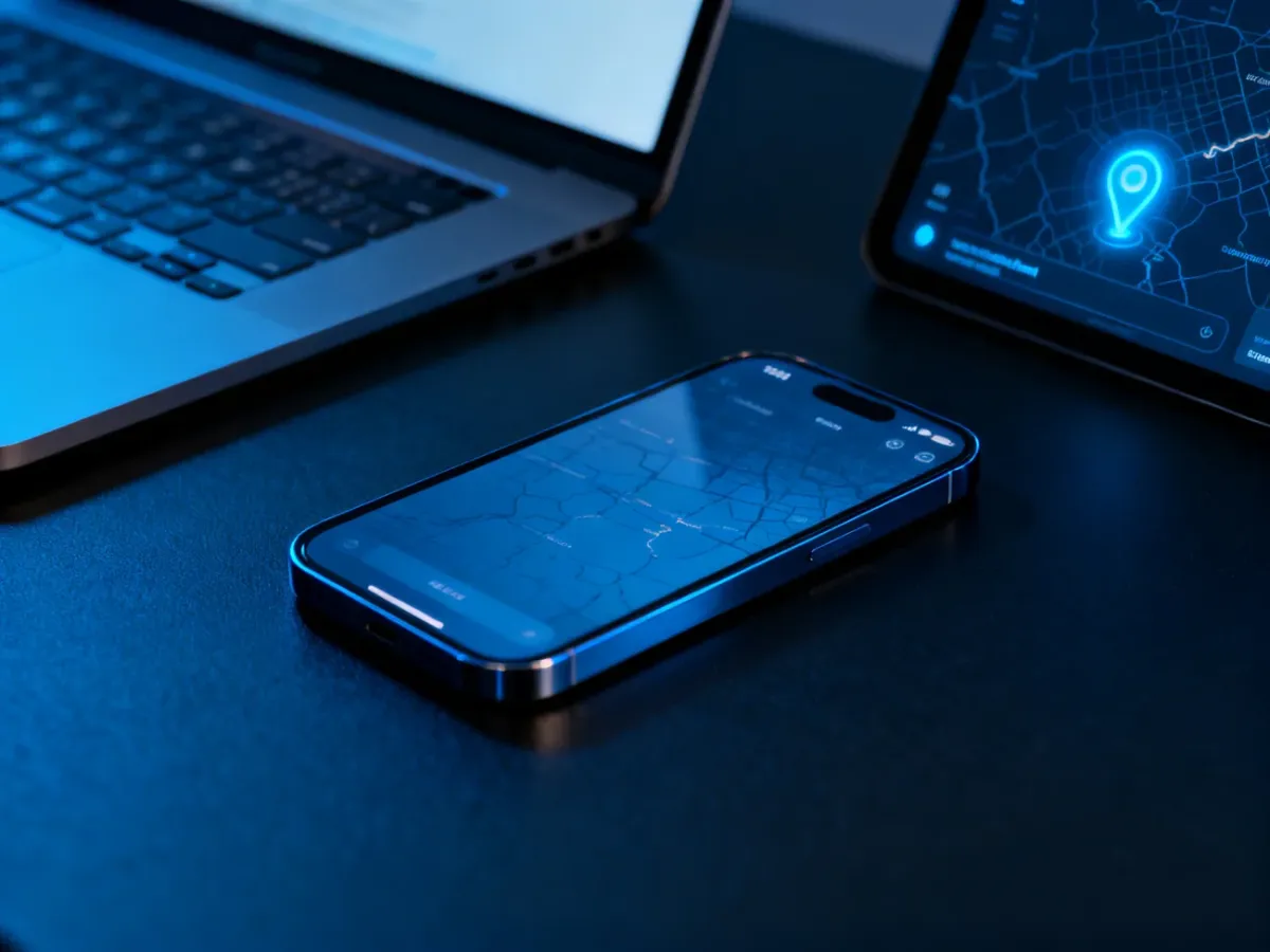 iPhone obok laptopa z mapą lokalizacji