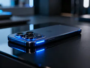 Nowoczesny router Wi-Fi 6 z niebieskim podświetleniem LED na drewnianym biurku w domowym biurze.