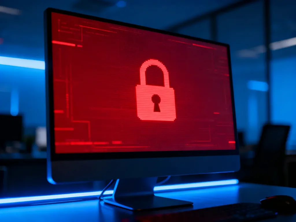 Monitor komputera z ostrzegawczą czerwoną ikoną kłódki, symbolizujący zagrożenie cybernetyczne i zablokowany system.