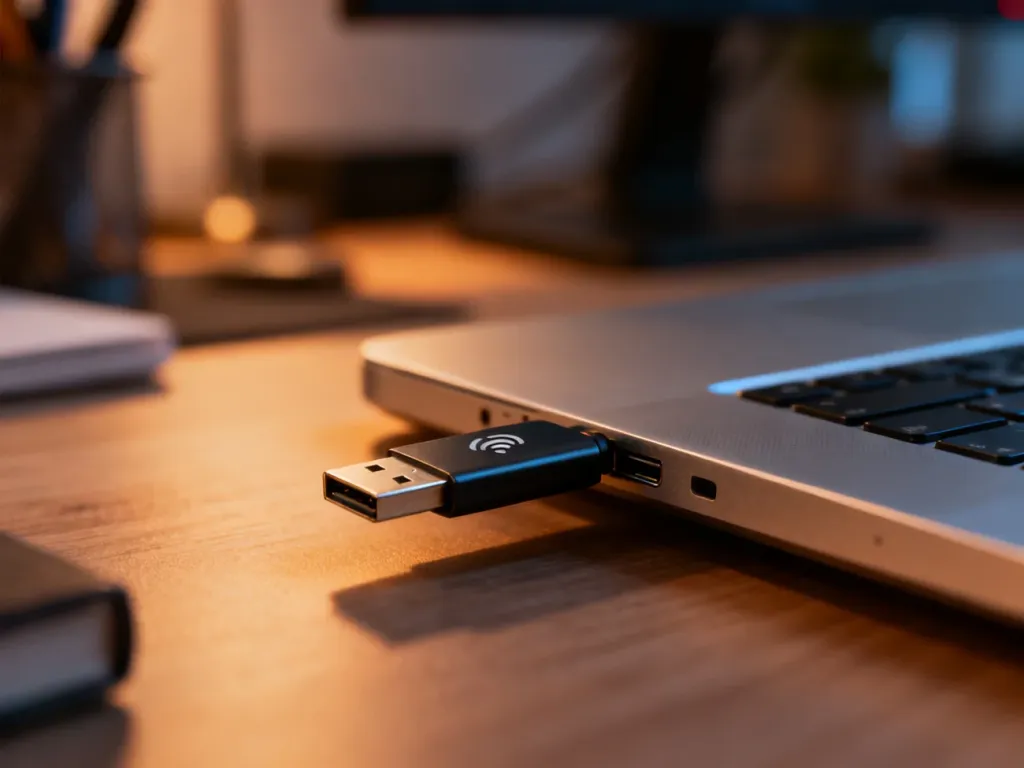 Nowoczesny adapter Wi-Fi na USB wpięty do portu laptopa w domowym biurze.