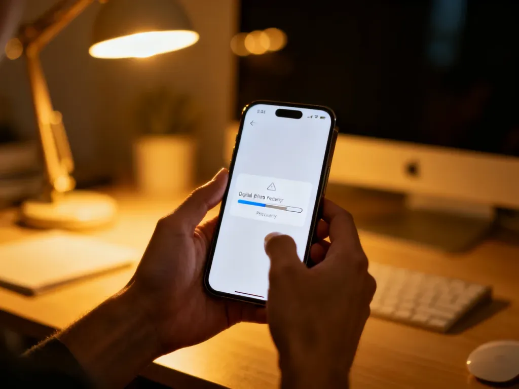 Dłonie trzymające iPhone’a z widocznym na ekranie procesem odzyskiwania usuniętych zdjęć w przytulnym wnętrzu.