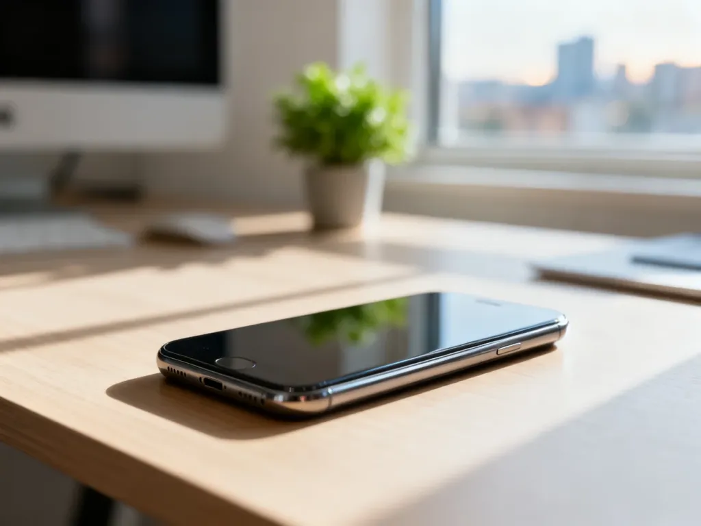 Nowoczesny smartfon iPhone leżący na minimalistycznym biurku w słonecznym biurze domowym.