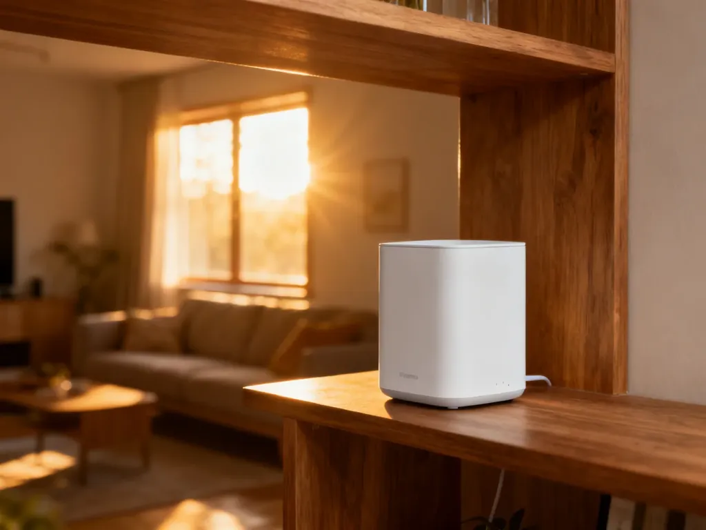 Minimalistyczny węzeł systemu Wi-Fi mesh na drewnianej półce w nowoczesnym salonie, symbolizujący płynną łączność w domu.