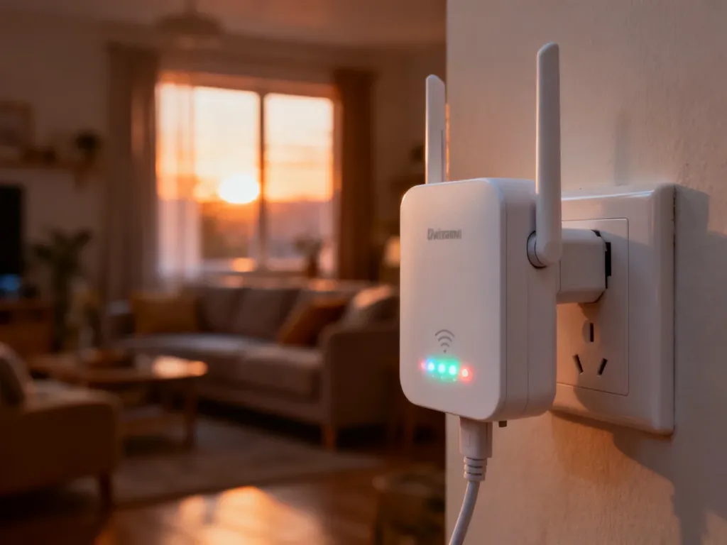 Wzmacniacz sygnału Wi-Fi wpięty do gniazdka elektrycznego z diodami sygnalizującymi poprawne połączenie z siecią.