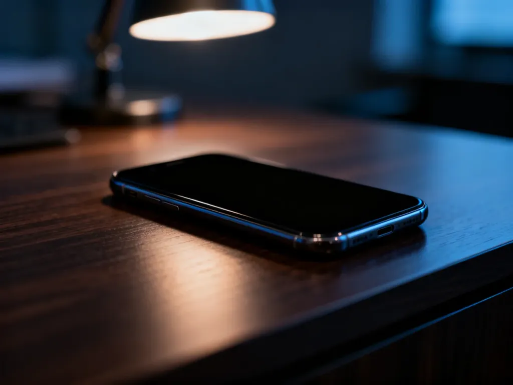 Wyłączony smartfon leżący na drewnianym biurku w wieczornym świetle.