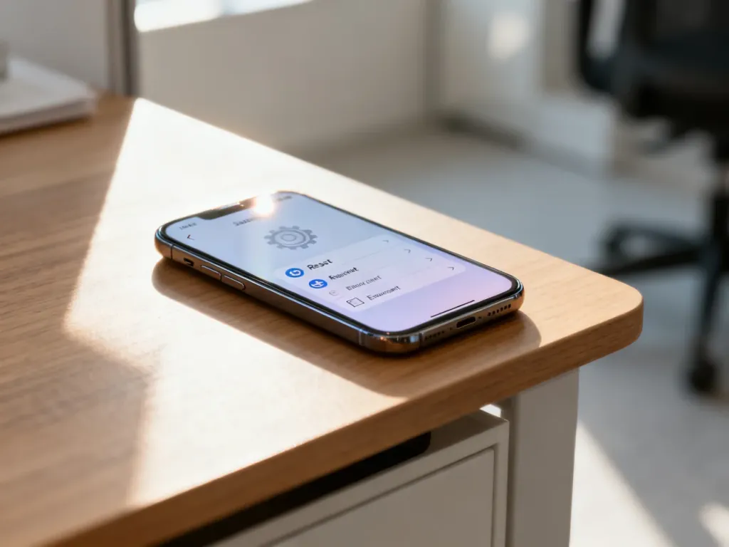 Smartfon na drewnianym biurku z wyświetlonym menu ustawień resetowania i wymazywania zawartości urządzenia.