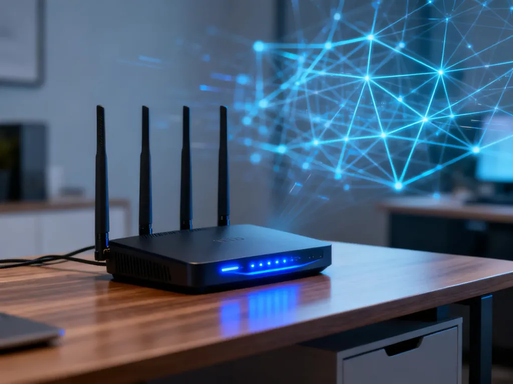 Nowoczesny router Wi-Fi z wieloma antenami na biurku, symbolizujący szybką i stabilną łączność bezprzewodową w domu.