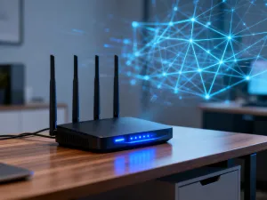 Nowoczesny smartfon z ikoną ustawień na ekranie oraz rysik na drewnianym biurku w słonecznym biurze.