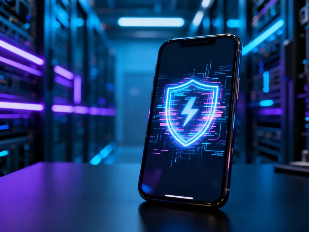 Ekran smartfona z ikoną cyfrowej tarczy i efektem zakłóceń, symbolizujący zagrożenie bezpieczeństwa danych w telefonie.