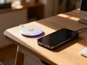 Nowoczesny smartfon z ikoną zasięgu sieci na ekranie, leżący na drewnianym biurku w biurowym otoczeniu.