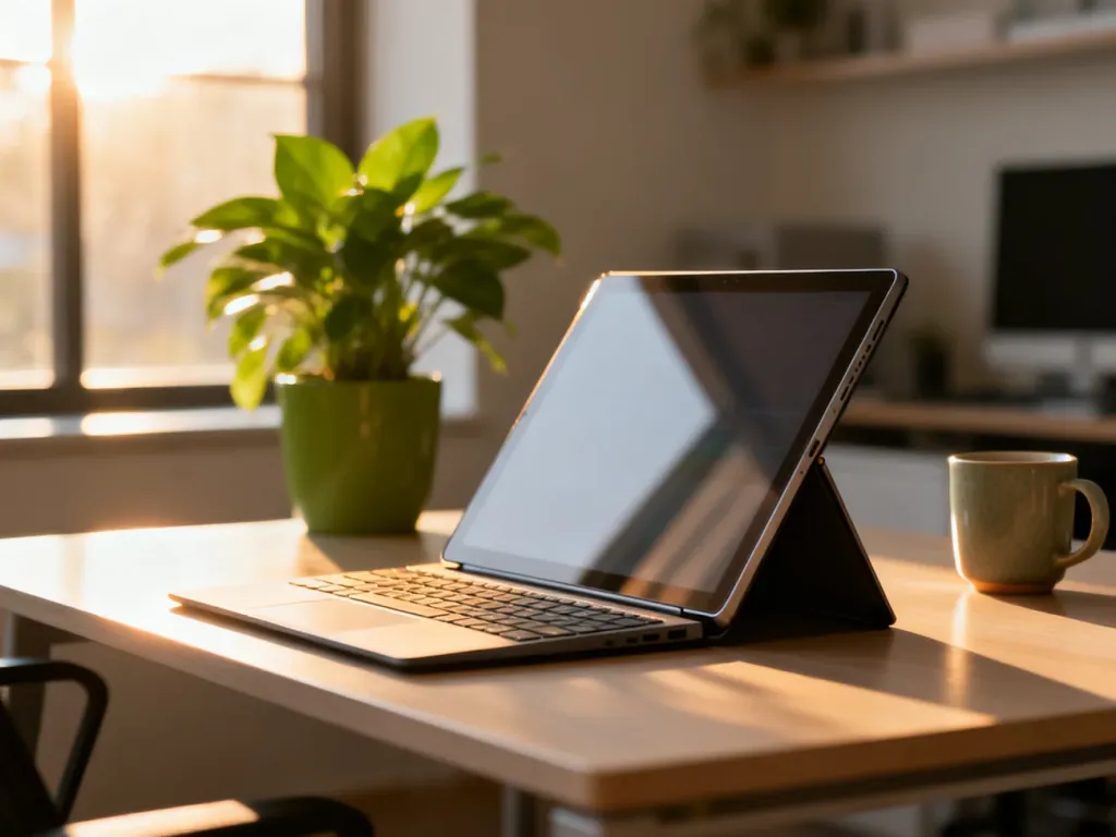 Nowoczesny laptop 2 w 1 w trybie tabletu na biurku, oświetlony ciepłym porannym światłem w przytulnym domowym biurze.