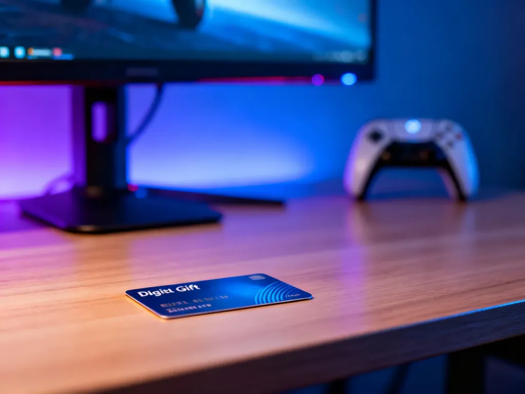 Cyfrowa karta podarunkowa Steam leżąca na drewnianym biurku w otoczeniu gamingowego sprzętu.