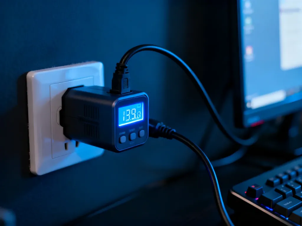 Miernik zużycia energii podłączony do gniazdka i kabla zasilającego komputer, wyświetlający aktualny pobór prądu.