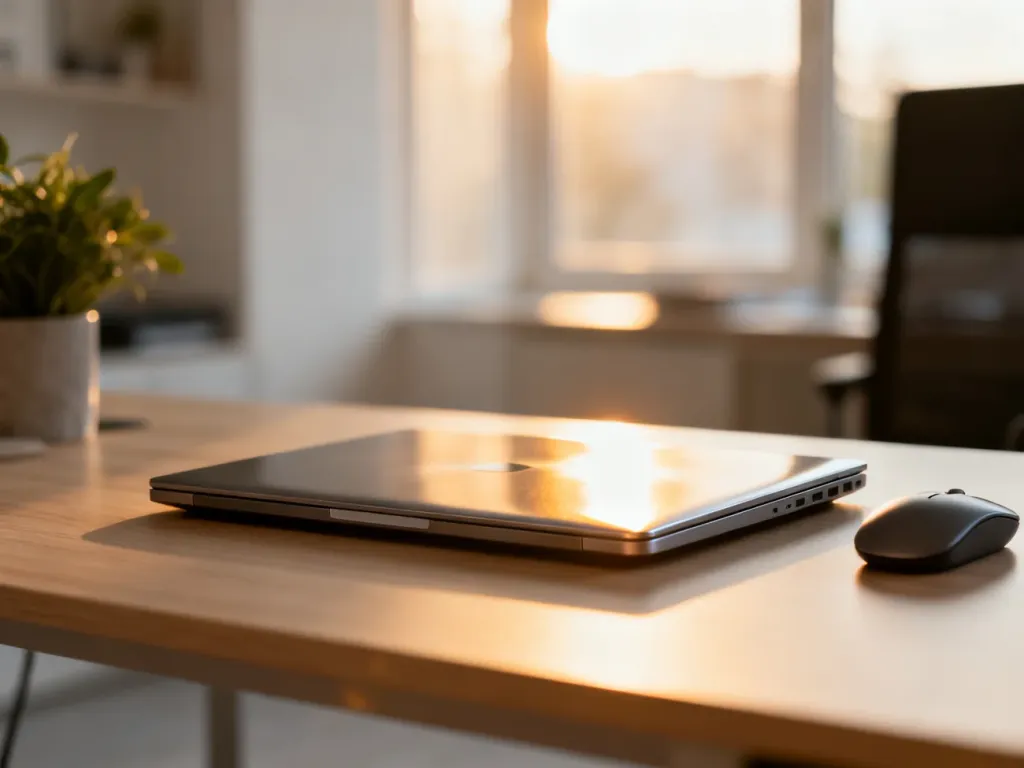 Nowoczesny notebook na minimalistycznym biurku w słonecznym domowym biurze, gotowy do pracy.