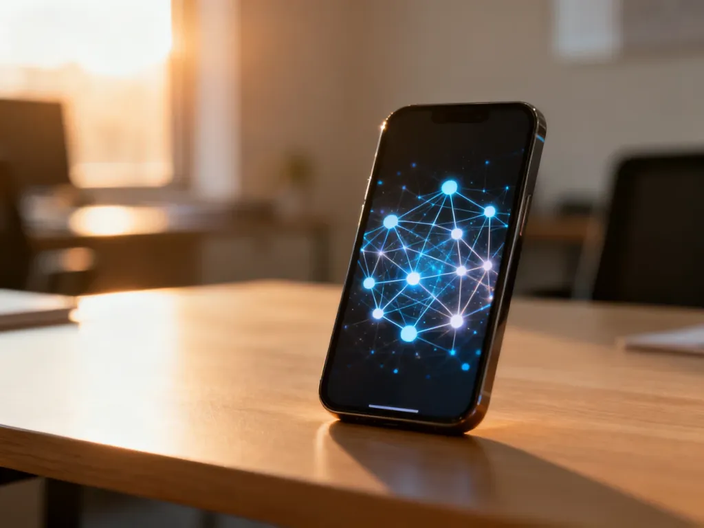 Ekran smartfona z wizualizacją cyfrowych połączeń, symbolizujący nowoczesną technologię wymiany danych w aplikacji Bump.