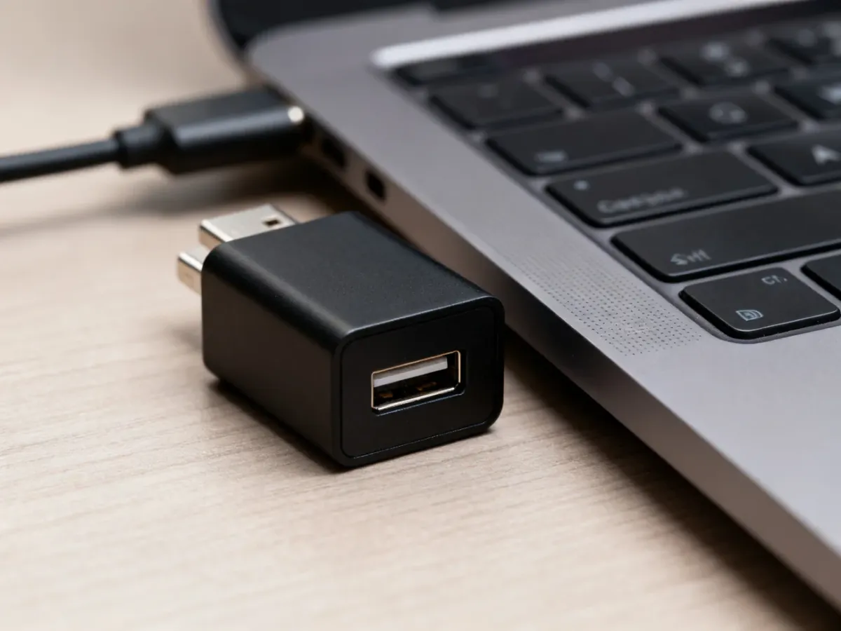Zbliżenie prostokątnego złącza USB-A przy porcie komputera