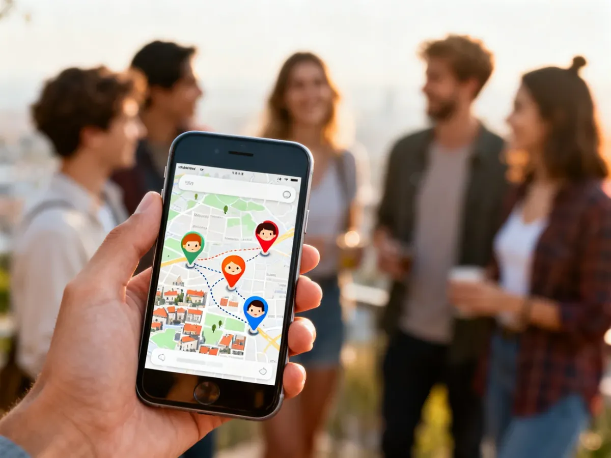 Smartfon z mapą lokalizacji znajomych podczas spotkania w mieście