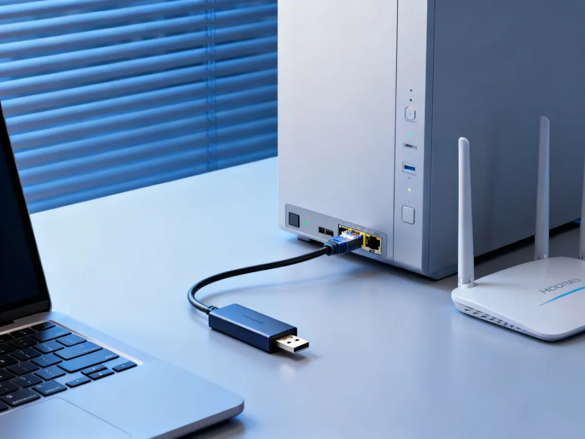 Komputer połączony z routerem oraz zewnętrzny adapter sieciowy USB