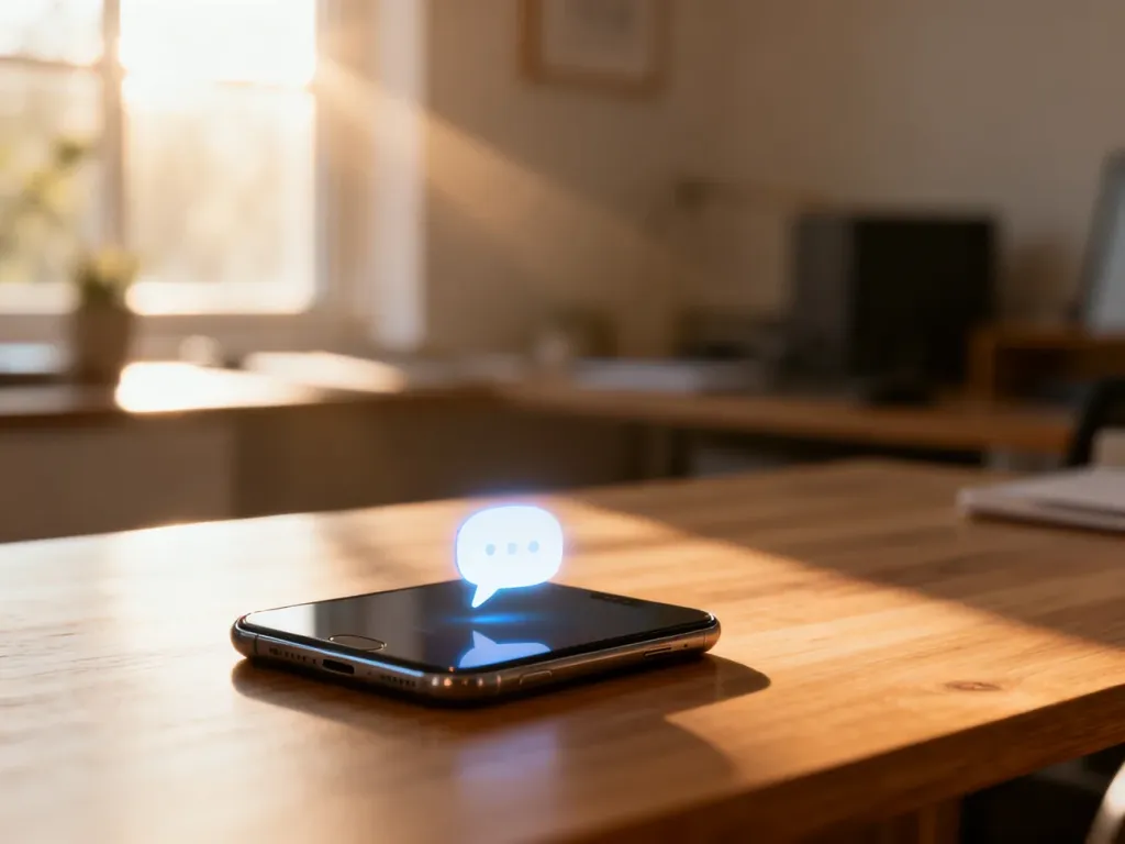 Nowoczesny smartfon z ikoną wiadomości na ekranie, leżący na drewnianym biurku w słonecznym domowym biurze.