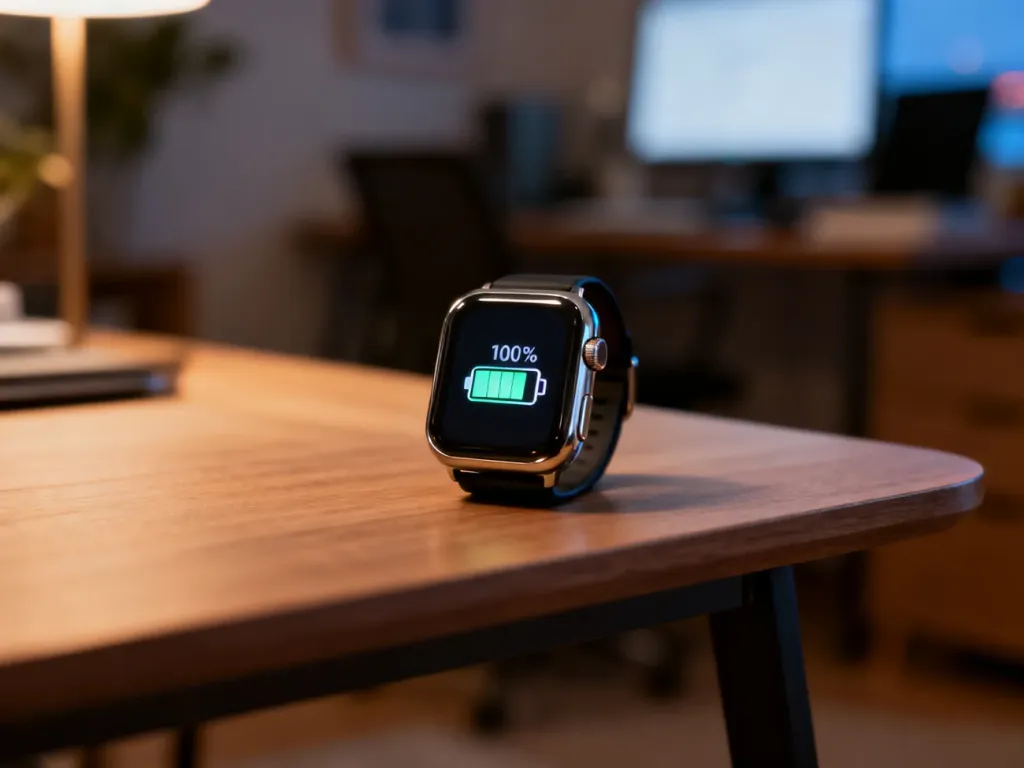 Nowoczesny smartwatch z w pełni naładowaną baterią na drewnianym stole w przytulnym domowym biurze.