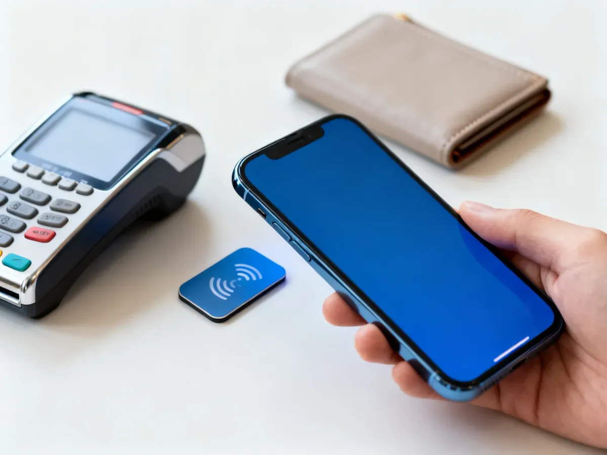 iPhone zbliżony do tagu NFC obok terminala płatniczego