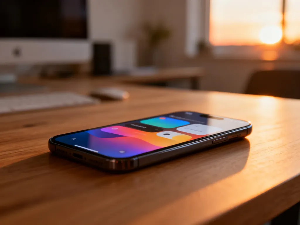 Nowoczesny smartfon z interfejsem iOS na drewnianym biurku w ciepłym świetle zachodzącego słońca.