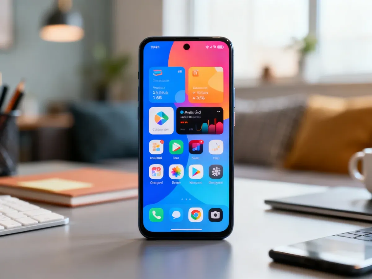 Smartfon z personalizowanym ekranem głównym Androida, ikonami i widgetami