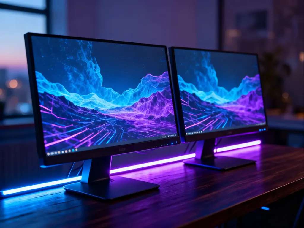 Nowoczesne stanowisko gamingowe z dwoma monitorami wyświetlającymi neonową grafikę, podkreślające wydajność systemów w grach.