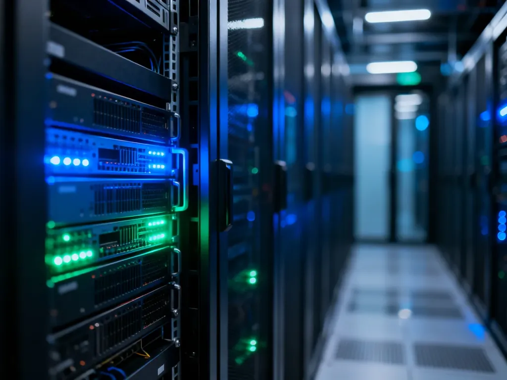 Nowoczesne serwery w centrum danych, symbolizujące infrastrukturę obsługującą systemy Linux.