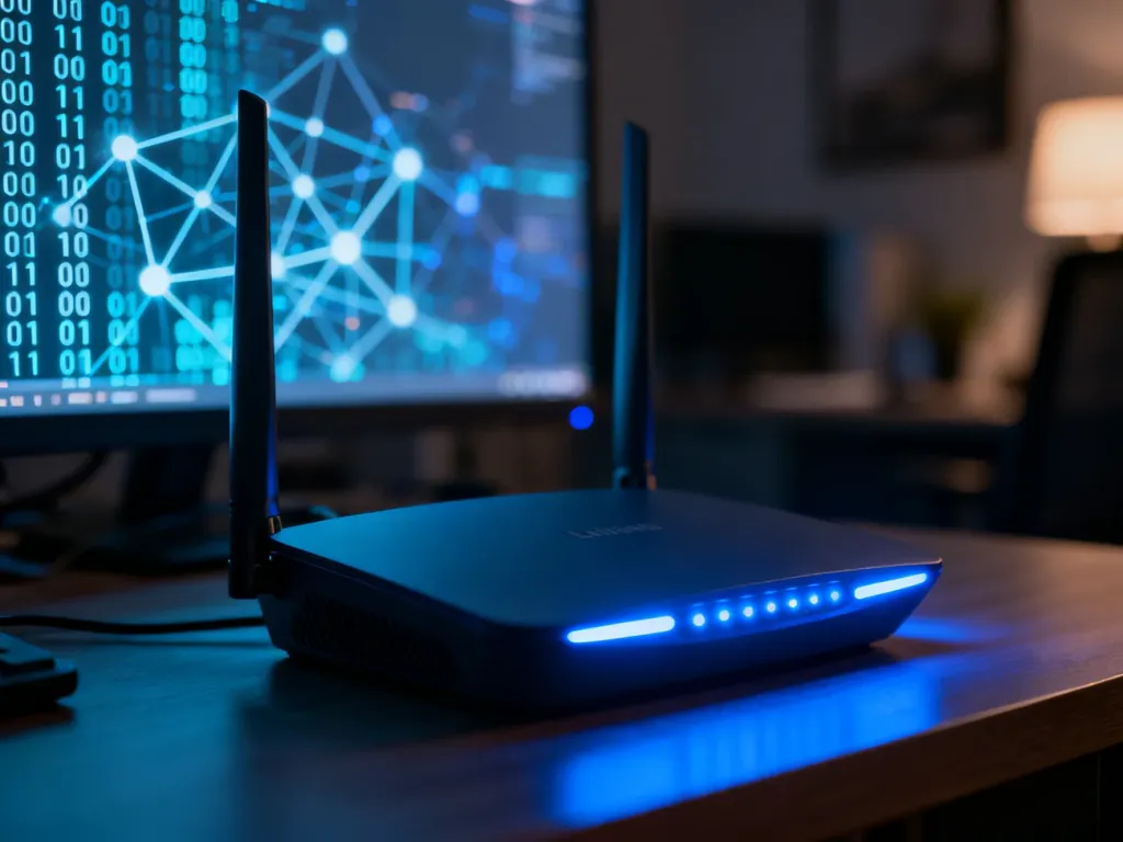 Nowoczesny router z niebieskim podświetleniem w domowym biurze, symbolizujący stabilne połączenie z siecią internetową.