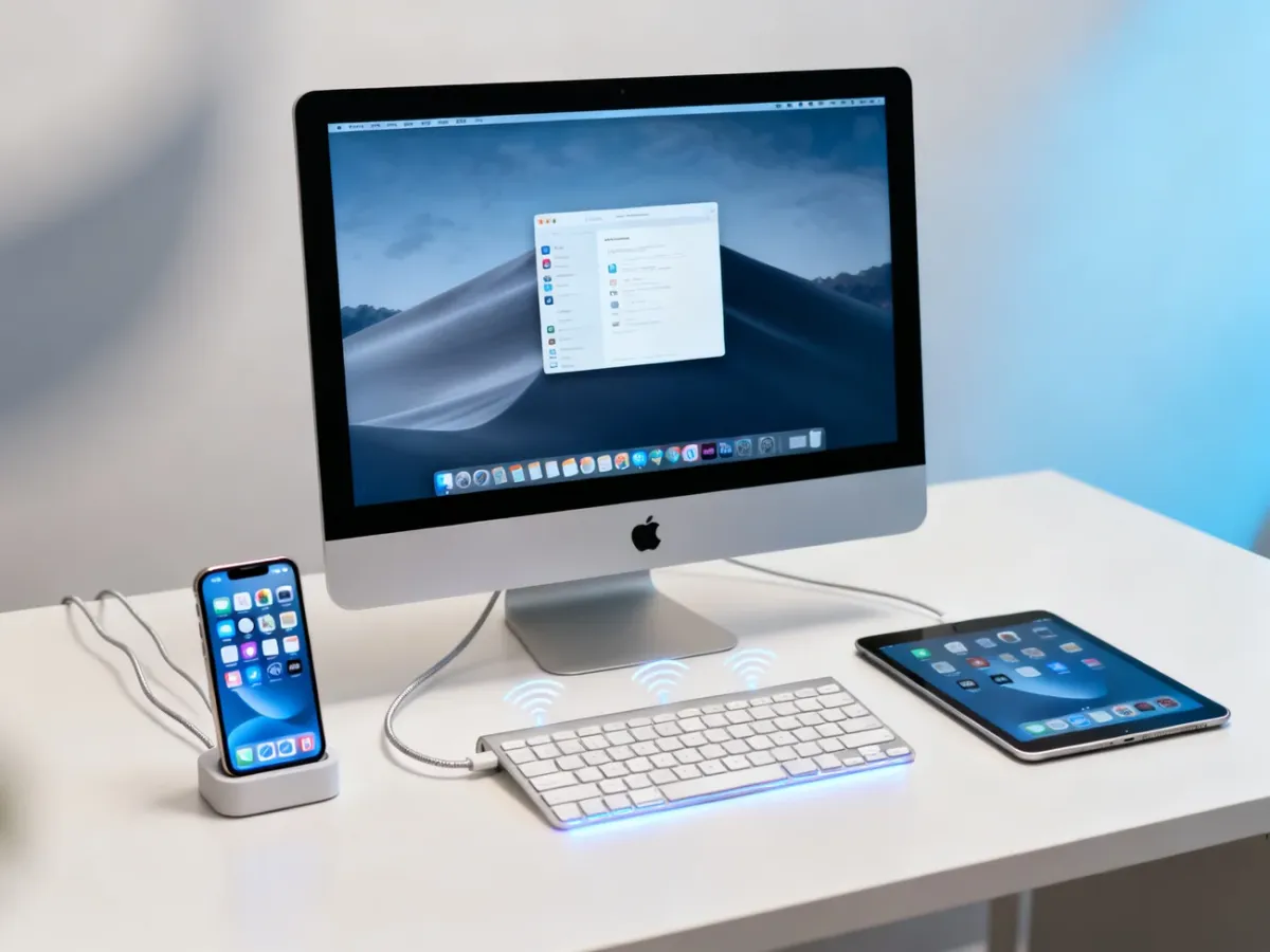 Komputer Mac na minimalistycznym biurku obok iPhone’a i iPada