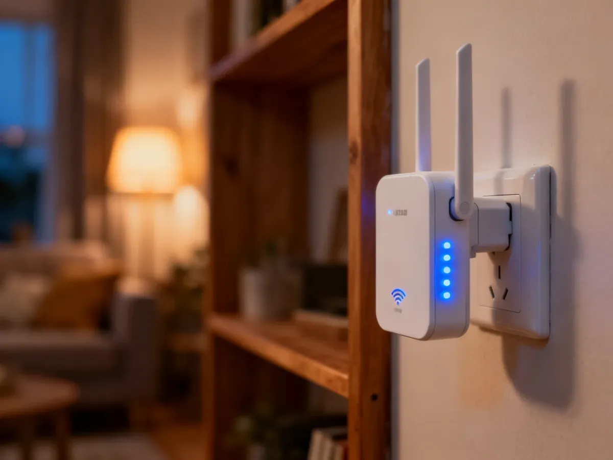 Wzmacniacz sygnału Wi-Fi TP-Link wpięty do gniazdka z aktywnymi niebieskimi diodami w przytulnym salonie.