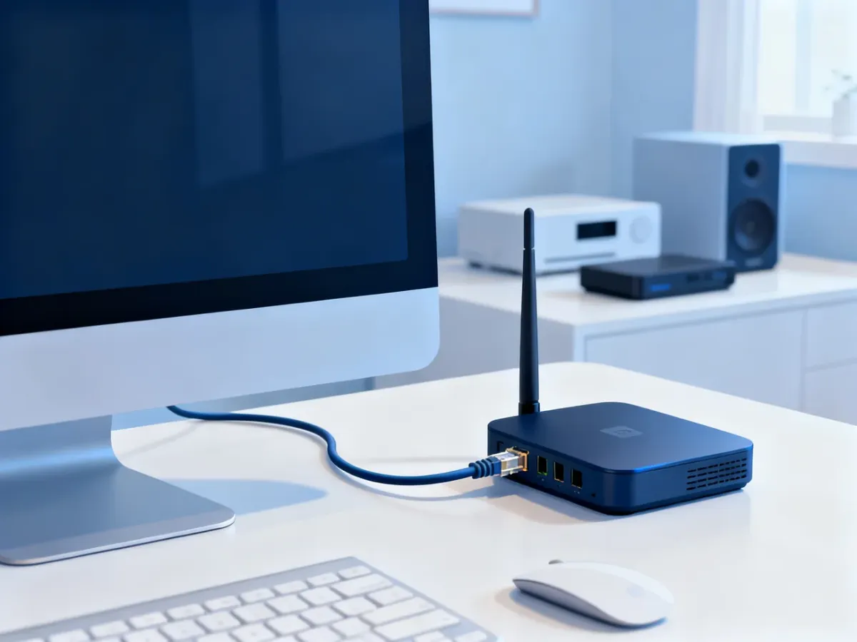 Komputer podłączony kablem Ethernet bezpośrednio do routera podczas testu prędkości internetu