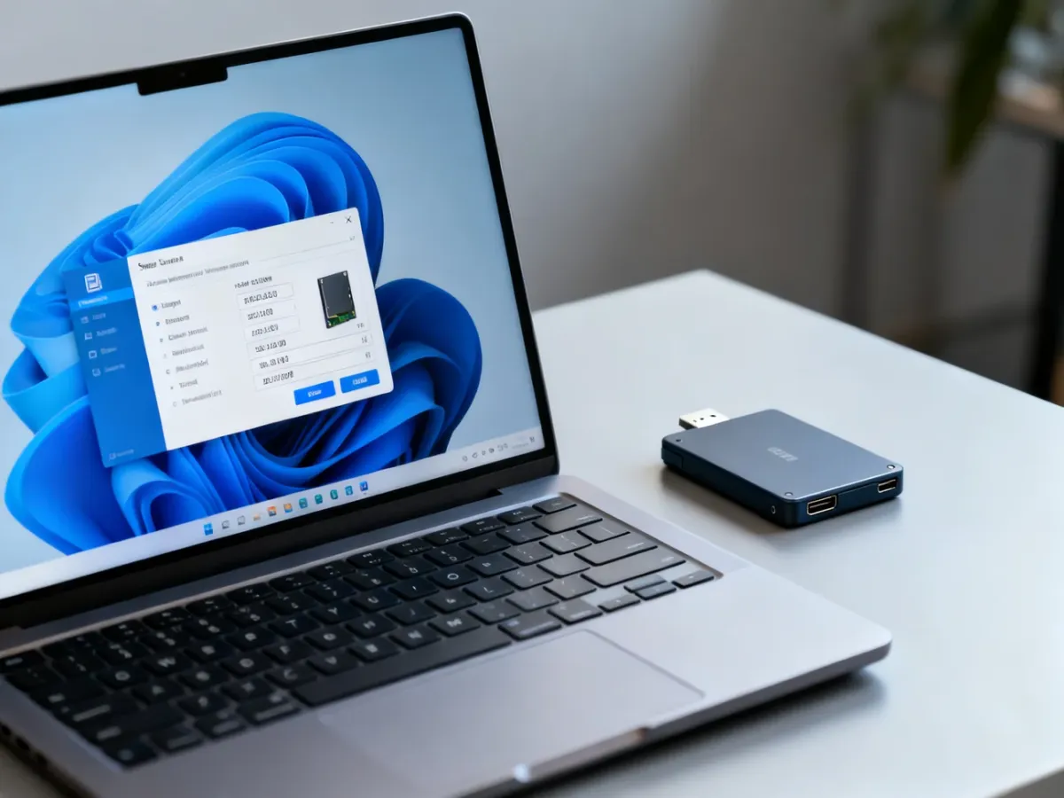 Laptop z informacjami o typie dysku oraz zewnętrznym nośnikiem USB